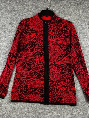 Bellami 1X Red Black Animal Print Beaded Zip Cardigan Sweater Y2K